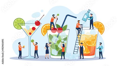 Playful scene with tiny people preparing giant cocktails including mojitos and martinis, featuring fruit slices and ice cubes.