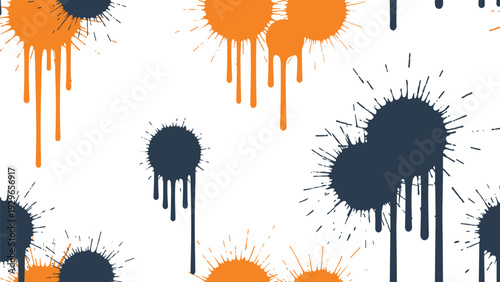 Edgy seamless pattern of dark blue and orange paint splatters with dripping liquid effects on a crisp white background.