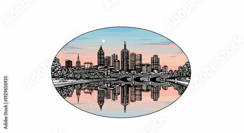 Oval silhouette of a city skyline reflected in water at sunset