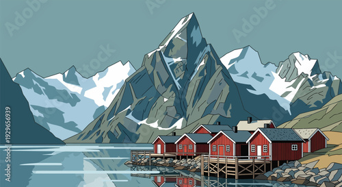 Serene mountain landscape with red cabins by a fjord.