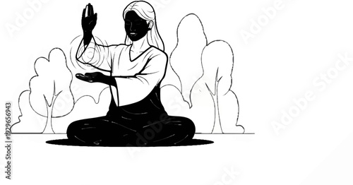 A person sits in a meditative pose surrounded by stylized trees