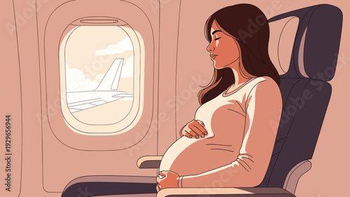 Peaceful illustration of a pregnant woman sitting by an airplane window during a flight looking out at the wing and clouds in soft tones.