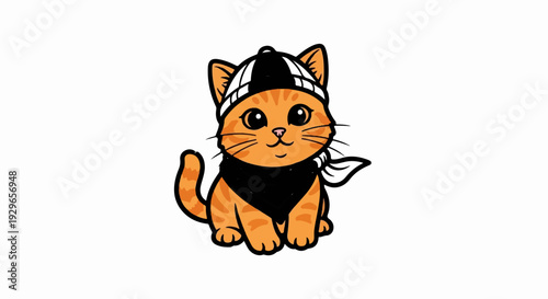 Adorable cartoon orange tabby kitten wearing a striped beanie and bandana