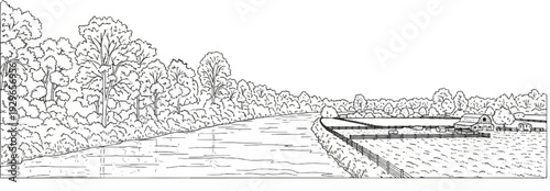 A serene natural landscape depicts a winding river flowing past lush trees and a small farmstead