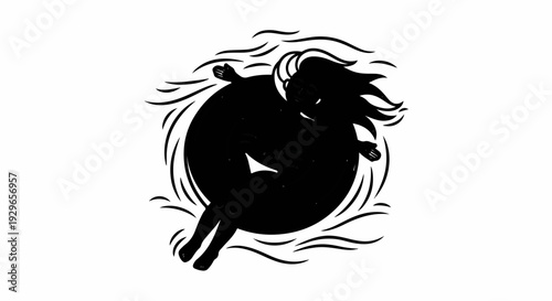 Silhouette of a person in a swirling void, hair flowing like waves