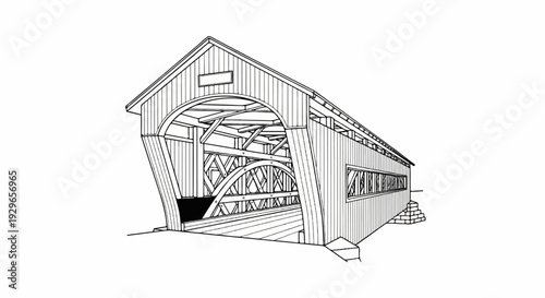 Detailed line drawing of a wooden covered bridge with exposed trusses and arched entrance