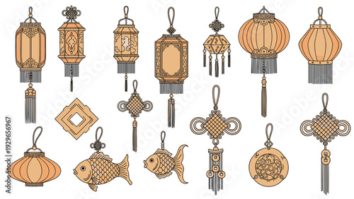 Detailed set of traditional Chinese lanterns and decorative ornaments featuring intricate patterns, tassels, and fish designs in warm ochre tones.