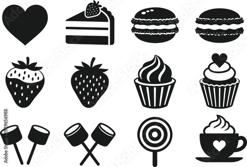 Collection of black dessert icons featuring cake slice, macarons, strawberries, cupcakes, marshmallows, lollipop, and coffee cup silhouettes on white background.