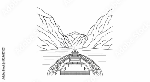 Ship sailing through a narrow gorge with rocky cliffs and distant mountains