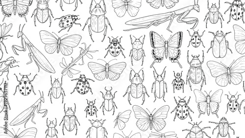 Intricate black and white line art pattern featuring a diverse collection of bugs, beetles, butterflies, and mantises in a dense layout.
