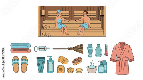 Illustration of a man and woman relaxing in a wooden sauna cabin with a set of accessories like towels, slippers, robe, and grooming products.