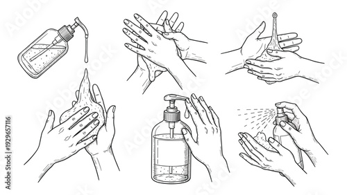 Series of hand drawn sketches illustrating the proper steps for hand washing and sanitizing using soap and liquid disinfectant spray.