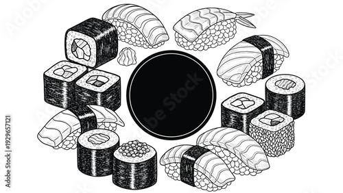 Detailed black and white hand drawn illustration of various sushi and rolls arranged in a circular frame around a black center on white.