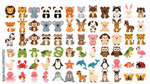 Set of 50 cartoon animal icons vector