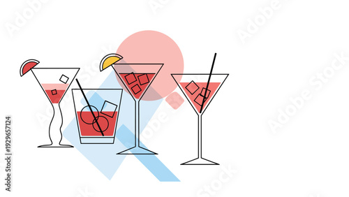 Stylized illustration of four different cocktail glasses filled with red liquid, ice cubes, and fruit garnishes on an abstract colorful background.