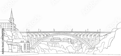Arch bridge spans a gorge, connecting a town with a steepled building on rocky cliffs