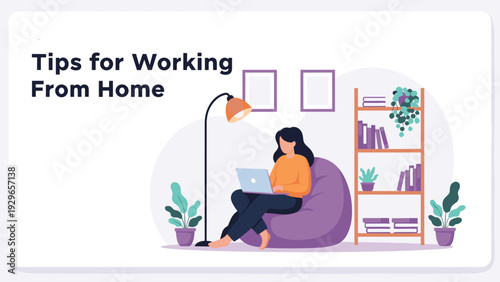 Cozy illustration of a woman working on a laptop while sitting comfortably in a bean bag chair at home with plants, a lamp, and bookshelves.