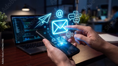 Email Communication: A person interacting with a mobile phone screen displaying glowing email icons, symbolizing modern communication and technology in the digital age.