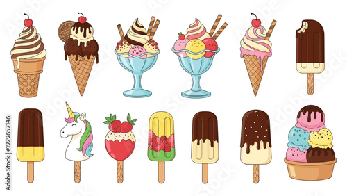 Delicious set of various ice cream treats including cones, sundaes, popsicles, and a unicorn themed ice cream on a white background.