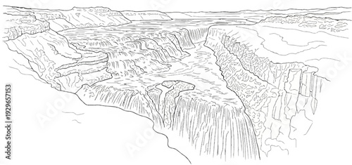 A detailed ink drawing depicts a wide, cascading waterfall plunging into a canyon