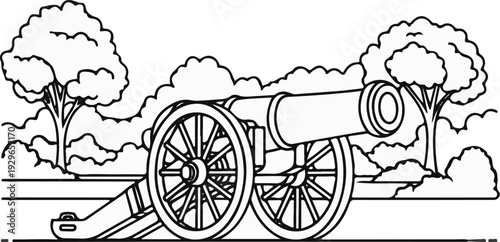 An old cannon on a carriage rests before trees and bushes in a black and white drawing