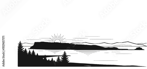Stylized silhouette of a serene coastal scene with trees and mountains at sunrise over water