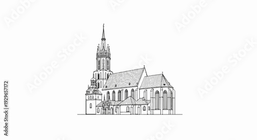 Ornate Gothic church structure with a tall spired tower and arched windows