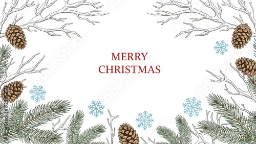 Elegant Merry Christmas greeting frame composed of hand drawn bare branches, pine needles, pine cones, and blue snowflakes on white.