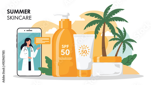 Online medical consultation for summer skincare featuring a doctor on a phone screen, large bottles of spf 50 sunscreen, and palm trees.