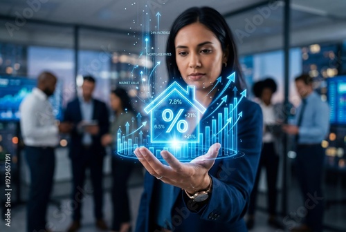 Real Estate Projection: A real estate agent in a modern office environment visualizes a projected house with interest rate and growth charts, symbolizing market trends.