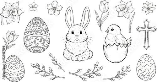 Sketch of Easter elements including a bunny, chick, eggs, flowers, pussy willows, and a cross