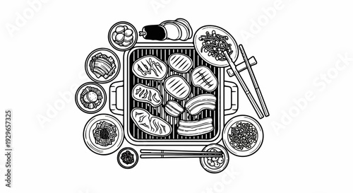 Overhead view of a grill laden with various meats and side dishes, with chopsticks