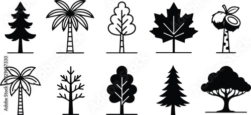 Set of 10 tree silhouettes vector
