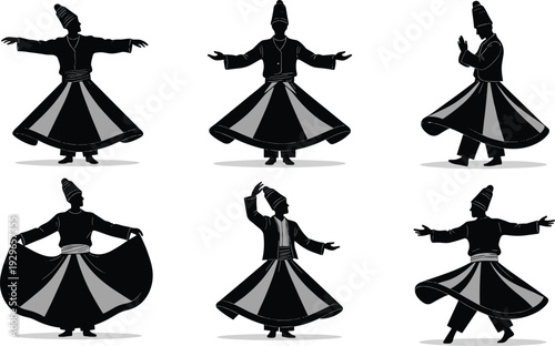 Whirling dervishes in various dance poses silhouette black and gray traditional clothing