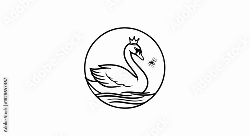 A regal swan wearing a crown swims in water, with a bug nearby