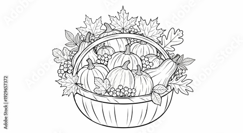 Basket overflowing with pumpkins, gourds, and autumn leaves