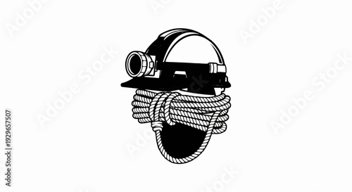 Black and white illustration of a miner's helmet with a lamp and rope