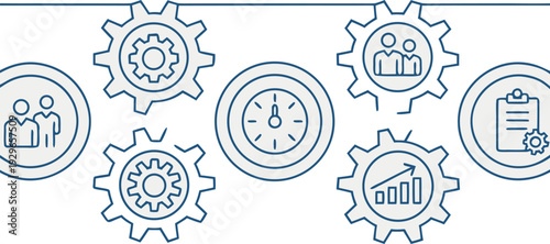 Collection of blue outlined gear icons with various business and productivity symbols