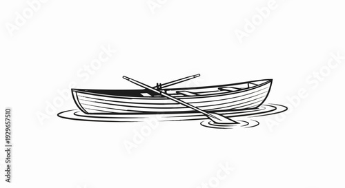 A simple black and white line drawing of a rowboat with oars resting on rippling water
