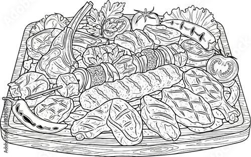 A diverse platter of grilled meats, vegetables, and herbs on a wooden board