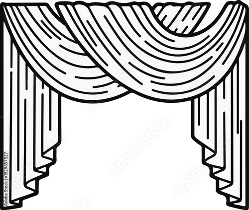 A decorative draped valance with layered folds and tassels, elegant window dressing