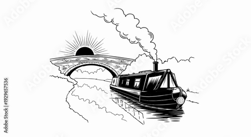 Sunrise over a canal with a narrowboat passing under a stone bridge