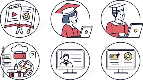 Online education icons with graduation cap and computer symbols