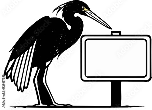 A black bird with a long beak stands next to a blank sign