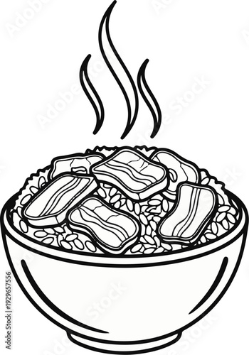 Steaming bowl of rice topped with slices of meat and rising steam