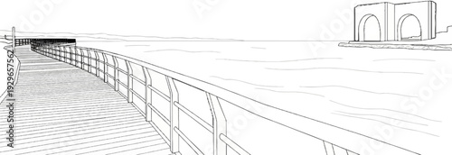 A drawing of a boardwalk with a railing, leading to the sea and a distant structure