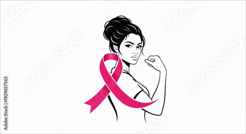 Woman flexing bicep with pink ribbon on chest