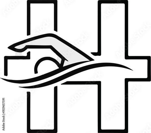 Stylized swimmer with stylized H or cross shapes