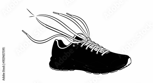 Black athletic shoe with white laces untied and flowing, isolated on white