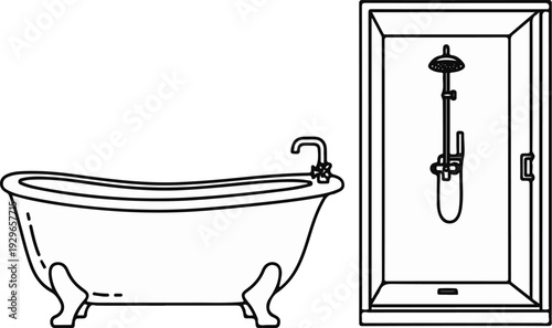 A clawfoot bathtub and a shower stall are depicted in this black and white illustration